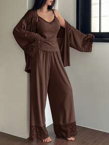 DAZY 3pcs Lace Patchwork Robe, Camisole & Pants Women Sleepwear Set - Brown - View 5