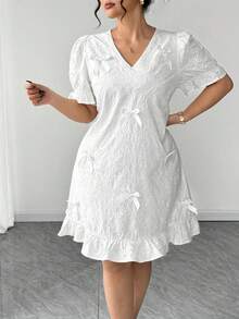 SHEIN Clasi Plus-Size White Summer Elegant Tea Party Dress,Women's Embroidered Floral Eyelet Pure Cotton A-Line Dress With Puffed Sleeves And 3D Bow Accent - White - View 6