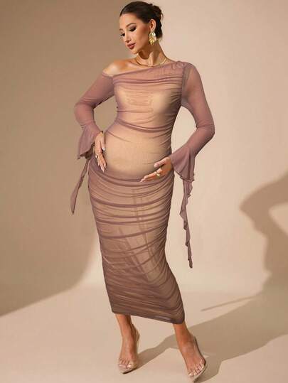 MaterniChic 孕妇优雅褶皱斜肩长袖连衣裙