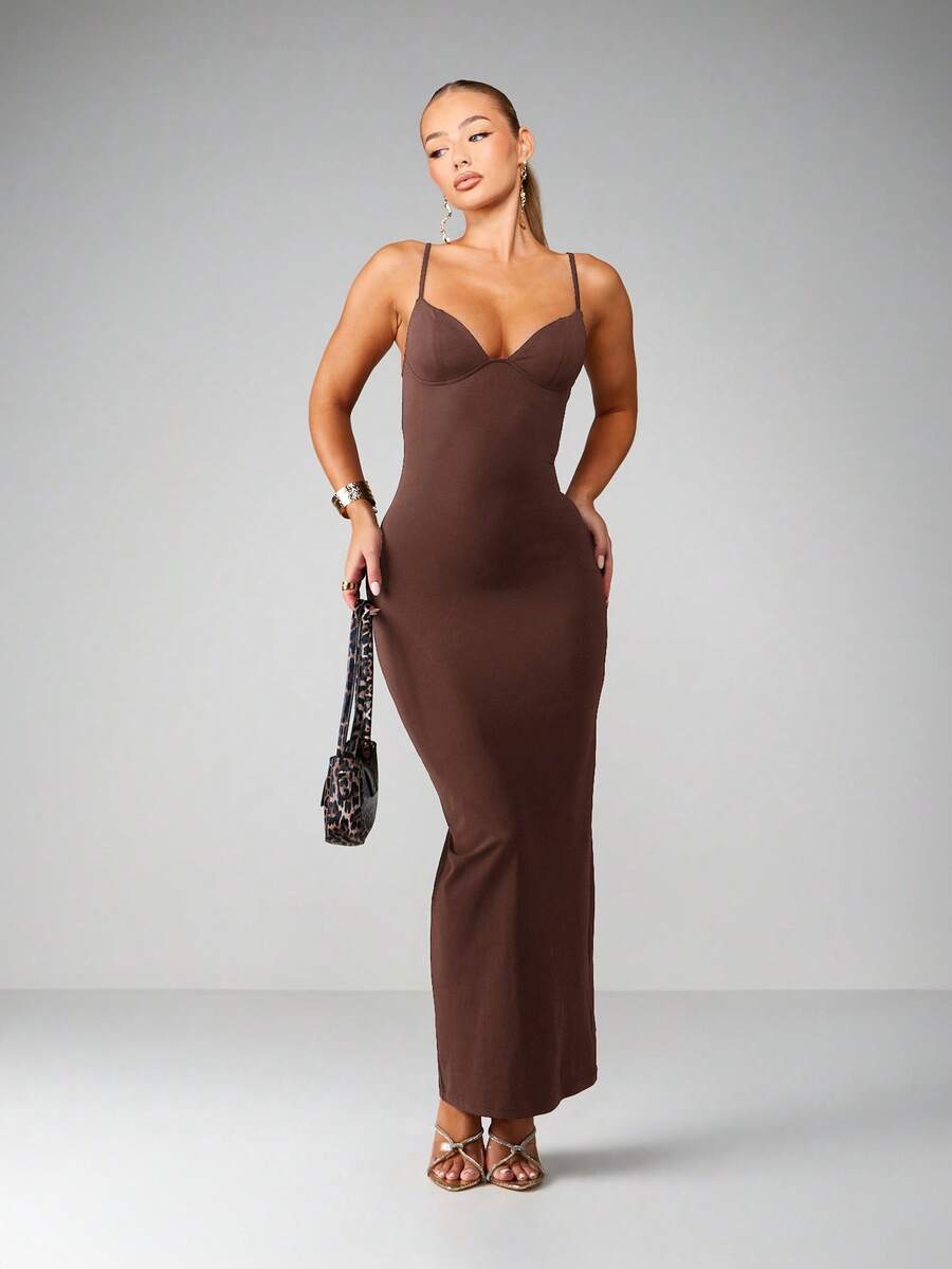 MISSGUIDED Vestido largo de noche de silueta columna sin mangas con detalle en el busto, ajustado, de Body entero, para ocasiones especiales y fiestas, de longitud hasta el tobillo - Marrón - Ver 1