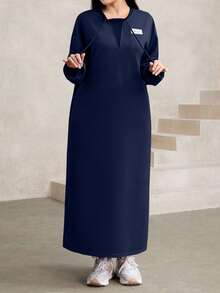 Modelyn Sudadera holgada de cuello redondo con cordón decorativo, talla grande, color marrón, para otoño/invierno - Azul Marino - Ver 3