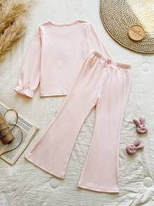 Vintaside Kids 2pcs/Set Girls Diamond Textured Knit Jacquard Long Sleeve Top + Flare Pants, Spring/Autumn - Baby Pink - View 2