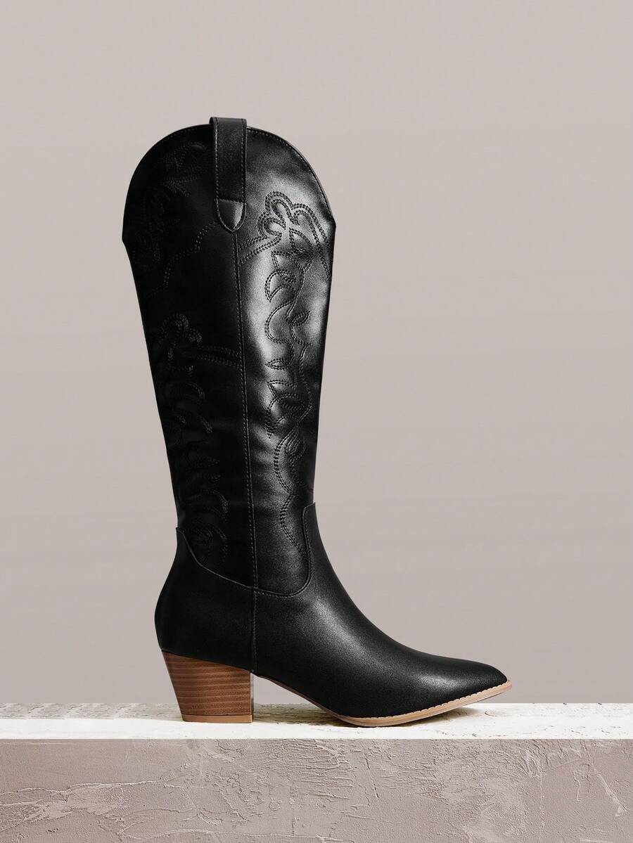 Styleloop Giày bốt cao gót đế thô thời trang mũi nhọn có khóa kéo bên hông dành cho nữ - màu đen - Xem 1