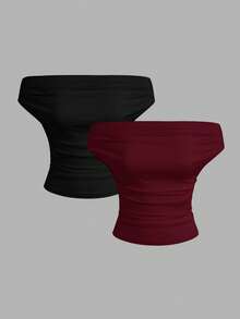 SHEIN EZwear 3pcs/Set Black & Burgundy Solid Color Off-Shoulder Ruched Blouse, Summer New All-Match Versatile Women Tops - Multicolor - View 1