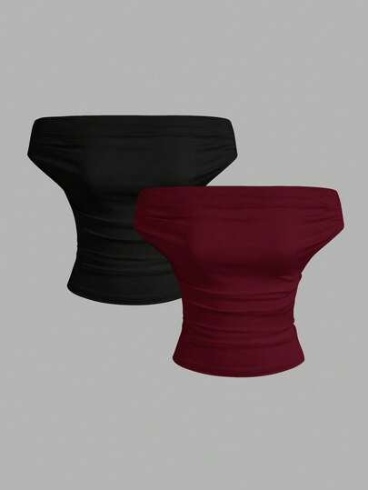 SHEIN EZwear 3pcs/Set Black & Burgundy Solid Color Off-Shoulder Ruched Blouse, Summer New All-Match Versatile Women Tops