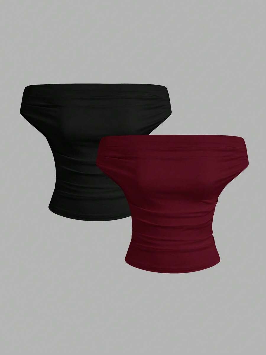 SHEIN EZwear 3pcs/Set Black & Burgundy Solid Color Off-Shoulder Ruched Blouse, Summer New All-Match Versatile Women Tops - Multicolor - View 1