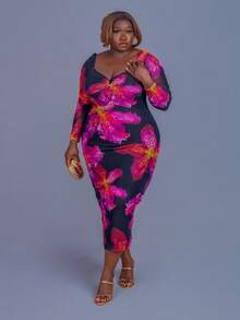 CurvyTilda Fall Clothes For Women,WinterPlus Size Elegant Floral Print Fitted Dress/Autumn /Winter - Black - View 3