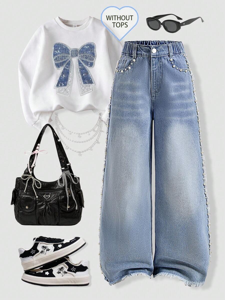 Quần jeans ống rộng cho bé gái tuổi teen, màu xanh nhạt, đính ngọc trai, điểm nhấn ngọc trai ở đường may bên hông và túi, cùng gấu quần tua rua tạo nên thiết kế sành điệu và ngọt ngào. - Rửa nhẹ - Xem 1