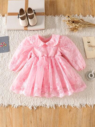 Souflis Souflis Baby Girls' Elegant Floral Embroidered Mesh Pink Princess Dress, Peter Pan Collar Long Sleeve, Suitable For Spring, Summer, Autumn Occasions Like Birthday Party, Wedding, School, Etc.