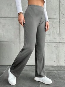 Pantalones rectos de unicolor informales de talla grande - Gris - Ver 1