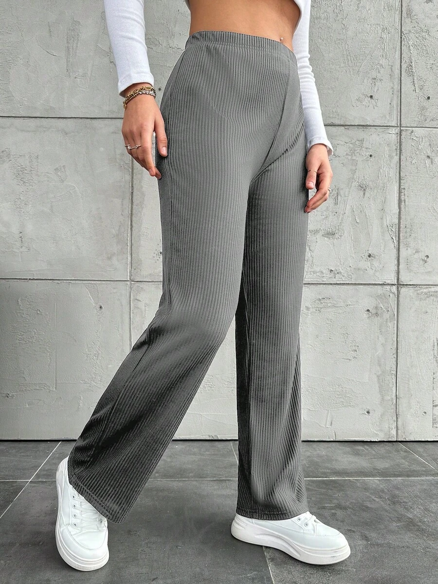 Pantalones rectos de unicolor informales de talla grande - Gris - Ver 1