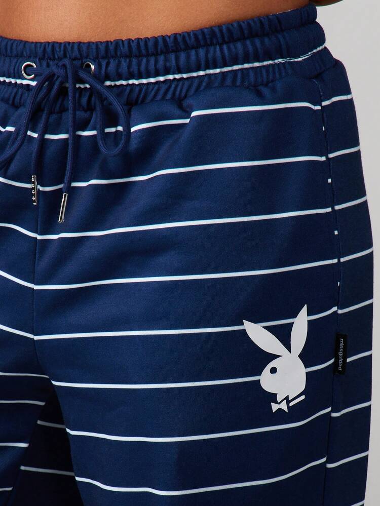 Missguided x Playboy Horizontal Striped Drawstring Joggers With Cuffed Ankles Casual Sweatpants For Everyday Comfort And Relaxed Style