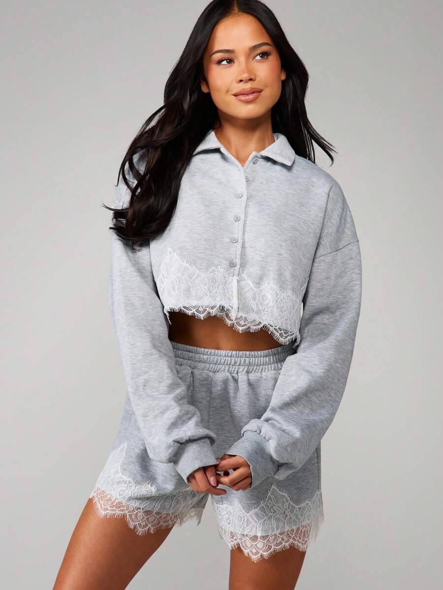 MISSGUIDED Brushed Button Down Jacket With Delicate White Lace Trim And Cropped Length For Casual Everyday Style - Grey - View 1