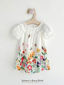 Cozy Pixies Baby Girl Floral Print Round Neck Ruffle Trim Bubble Sleeve Dress - White - View 5