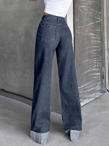 SHEIN Tall HIGH WAIST100%Cotton Rolled Up Wide Leg Jeans - Dusty Blue - View 2