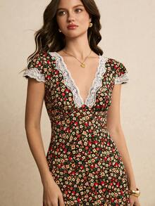 Poéselle 女士碎花撞色蕾丝深V领中长连衣裙，度假风 - 彩色 - 查看 7