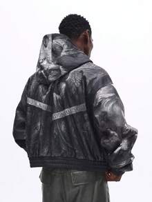 SUMWON Crop Fit Men's Angel Print All Over Full Zip Hoodie Long Sleeve Graphic Art Design Oversized Casual Sweatshirt - Grey - View 2