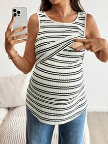 SHEIN 哺乳圆领无袖条纹华夫格休闲舒适上衣 - 杏色 - 查看 13