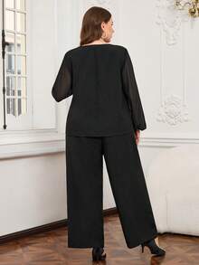 EMERY ROSE 2pcs Plus Size Elegant Sequin Patchwork Lantern Sleeve Top And Pants Set, Autumn Plus Size Party Outfit Plus Size Office Wear Plus Size Women Clothes Set Plus Size Elegant Outfit Valentine Outfits For Women Spring Break Outfits Summer Holiday Outfits Carnival Weddings & Events Elegant Dress Women