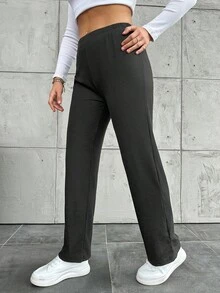 Plus Size Casual Solid Color Straight Leg Pants - Dark Grey - View 4