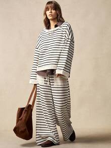 Bohemela Boho Vacation Casual Striped Loose Knit T-Shirt & Wide Leg Pants 2 Pieces Set For Women - Black and White - View 2