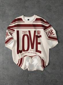 SHEIN EZwear Casual Minimalist Sports Street Casual Matching Couple , Red Stripe Love Logo English Letter Collegiate Style Print Pattern, Comfortable Warm Round Neck Loose Fit Short Sleeve T-Shirt For Women, Suitable For Autumn/Winter, Graphic Tee - Multicolor - View 5