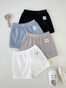 SHEIN 4pcs/Set Baby Boy Toddler Solid Color Elastic Knit Shorts With Cute Embroidered Patches, Suitable For Daily Wear And Outings - Multicolor - View 5