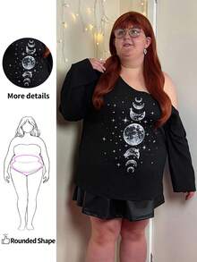 Enliva Abidrinkell Plus Size Women Moon & Star Print Sleeveless Camisole Long Sleeve T-Shirt, Spring And Autumn And Winter, For Apple Rounded Body Shape - Black - View 1