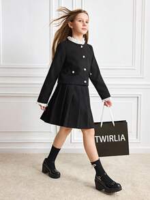 Tween Girls' Color Block Stand Collar Raglan Sleeve Pleated Fashion Jacket Set