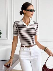SHEIN Frenchy 条纹 Polo 领短袖 T 恤，休闲修身学院风女式上衣，女士休闲通勤条纹短袖 T 恤，夏季、春季女装，情人节、狂欢节、海滩、派对、婚礼、优雅、度假、休闲 - 棕色 - 查看 5