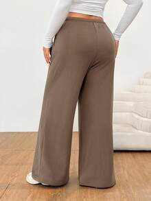 Solflare Plus Size Women Brown Loose Fit Flared Leg Casual Pants With Thermal Lining, Autumn/Winter,Christmas,New Year,Thanksgiving,Party,Wedding,Beach,Graduati,Chic,Elegant,Casual,Going Out,Date,Appointment,Commute - Brown - View 2