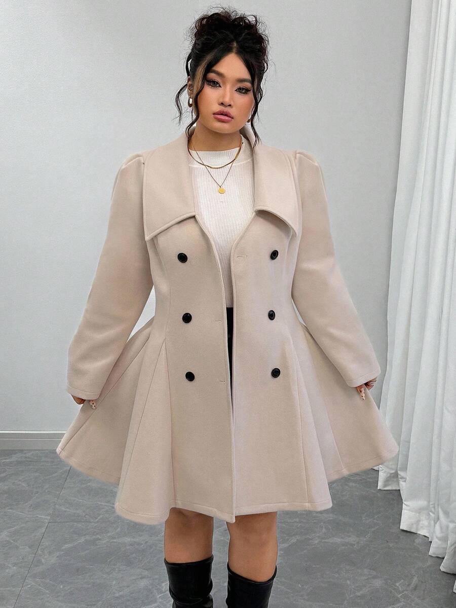 Elenzga Vestido blazer elegante plus size feminino, cor sólida, lapela, manga longa, punho de pele de coelho, cintura marcada, abotoamento duplo e barra evasê. Ideal para o inverno e outono. - Damasco - Ver 1