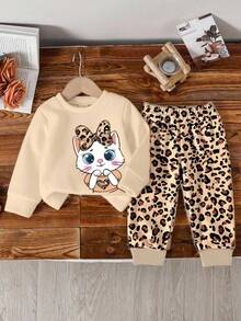 2pcs/Set Baby Girl Cute Cat & Leopard Print Bow Graphic Print Sweatshirt And Leopard Print Pants Set, Suitable For Autumn/Winter - Multicolor - View 2