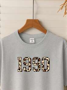SHEIN Tween-Mädchen Kurzarm-T-Shirt mit Rundhalsausschnitt, Leopardenmuster (1990er Jahre), lässiges Alltags-Outfit, vielseitig, minimalistischer Stil, geeignet für Frühling und Sommer - Grau - Übersicht 3