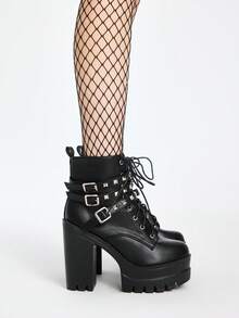 ROMWE Grunge Punk 秋冬女士时尚靴子，英伦风，厚底，双层防水台，粗跟，短靴，圆头，高跟，女靴 - 黑色 - 查看 4