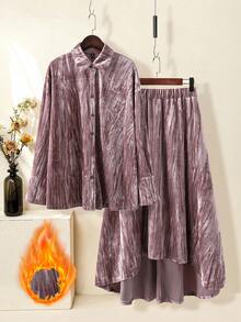 Modelyn 2pcs Textured Velvet Long Sleeve Casual Pink Women Set, Autumn/Winter - Pink - View 1