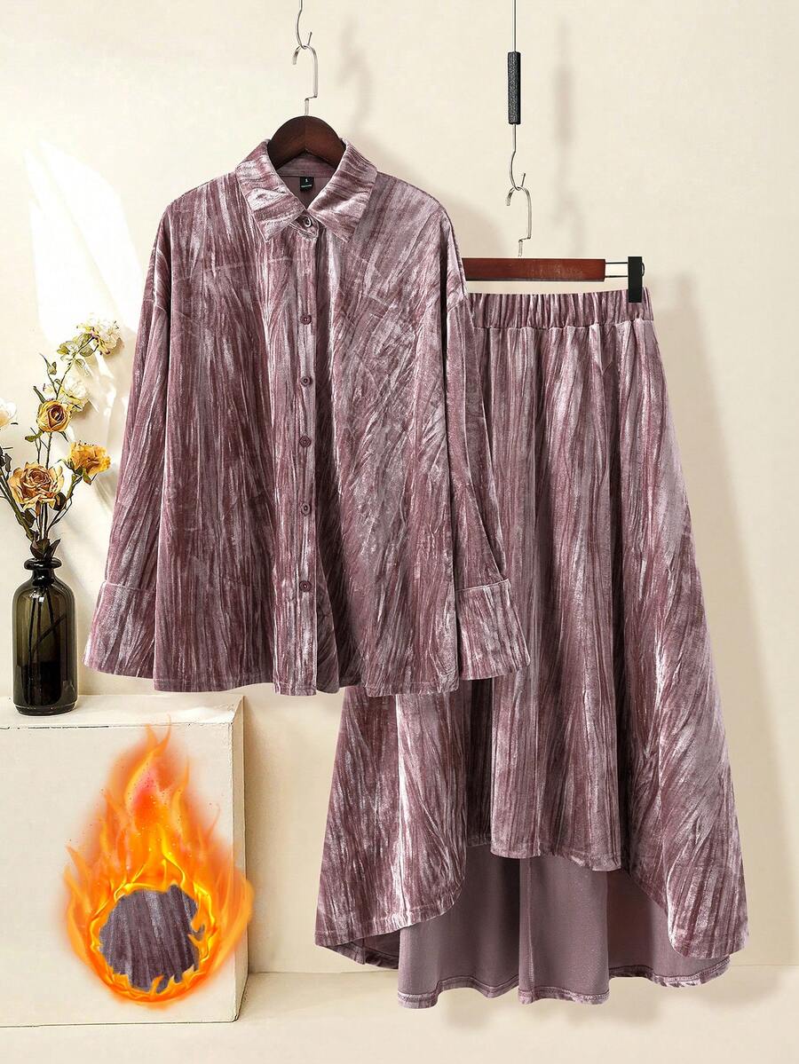 Modelyn 2pcs Textured Velvet Long Sleeve Casual Pink Women Set, Autumn/Winter - Pink - View 1