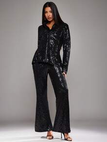 NYA SZN Women's Black Sequin Matching Set,Autumn Elegant Seksi Chic Night Out Outfits With Long Sleeve Button Up Collar Top & High Rise Slim Straight Pant - Black - View 4