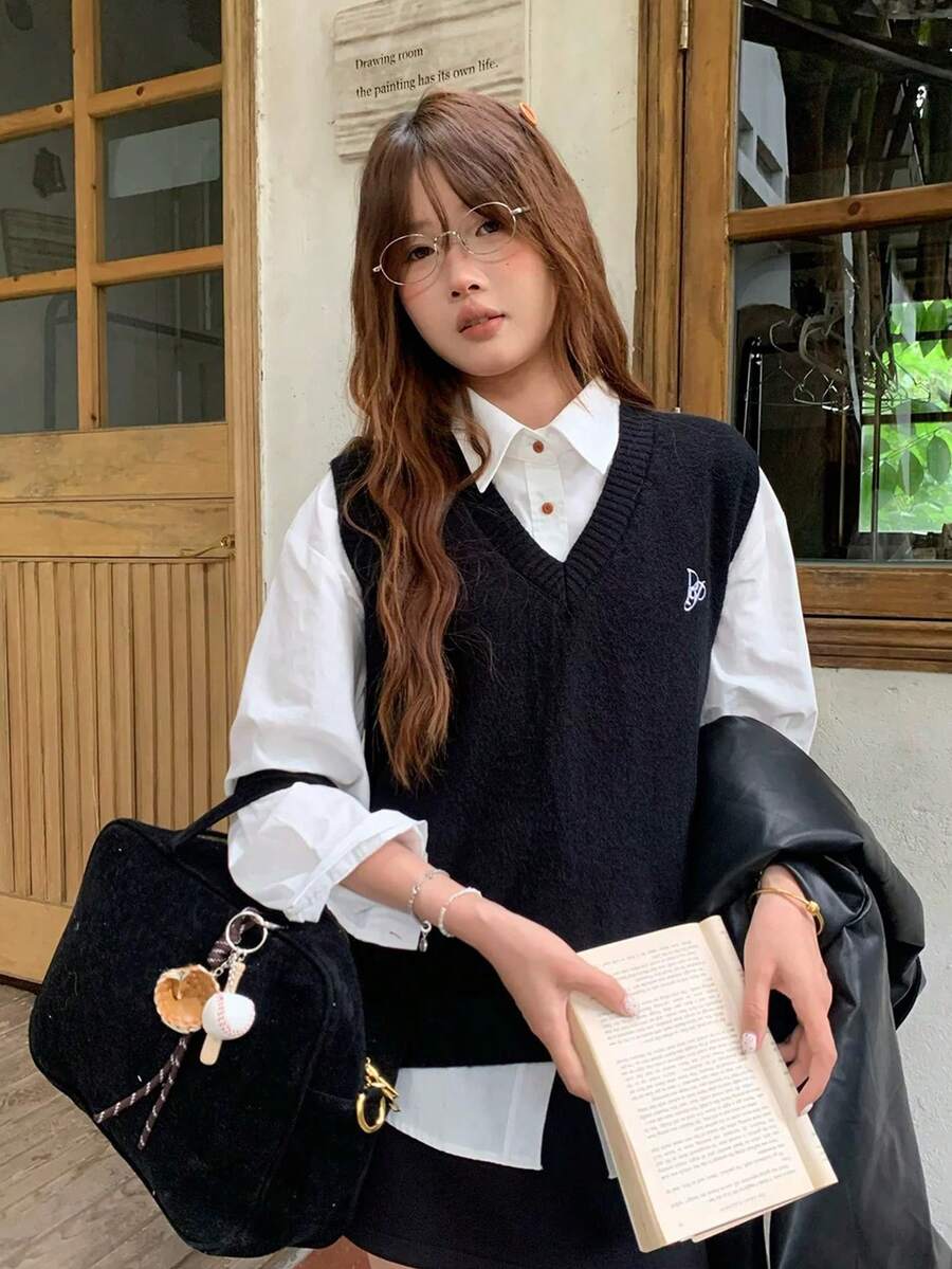 K-Vae Áo vest len nữ, màu đen, cổ chữ V, kiểu dáng preppy, thường ngày, dễ thương, áo len cho nữ. - màu đen - Xem 1