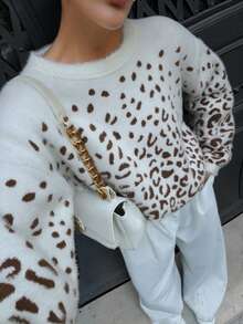 EURMUSE Moher Yarn Pullover Leopard Pattern Pullover Fall Winter - Brown - View 6