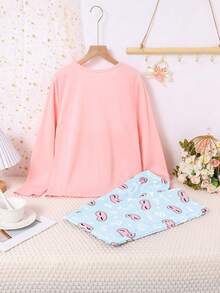 2pcs/Set Tween Girls Pajamas-Pajama Set Pink Long Sleeve Round Neck Letter Printed Sleep Eyes Top With Blue Printed Pants Cute Loungewear Four Season Sleepwear 2026 New Year Essential Girls Pyjama Sleep Wear Girl Teen Girl Pajama Set - Multicolor - View 2