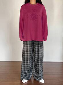 DAZY Conjunto de pijama de 2 piezas con pantalón de cuadros de manga larga holgado y cómodo para mujer - Rosa Fucsia - Ver 5