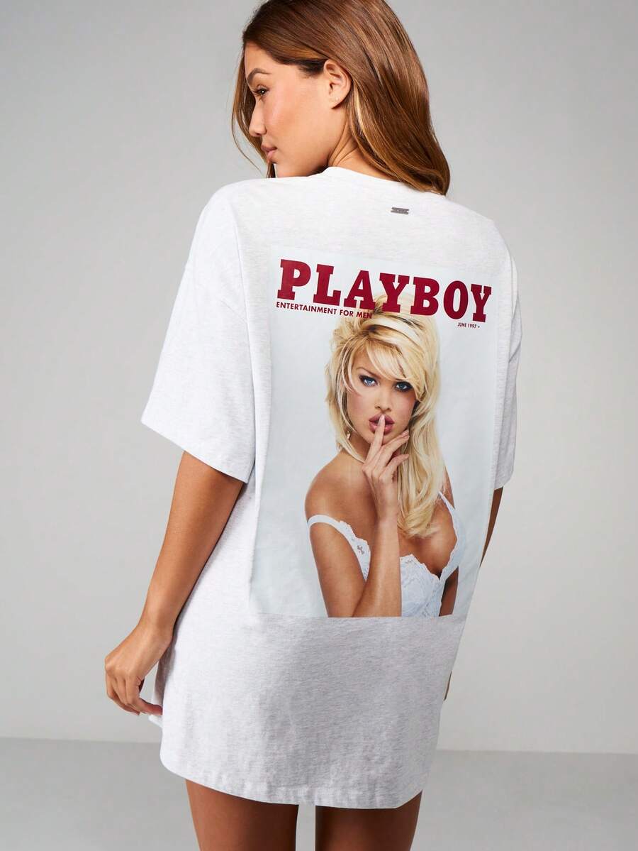 Missguided x Playboy 超大杂志印花睡裙，圆领短袖，舒适家居服，休闲装 - 淺灰色 - 查看 1