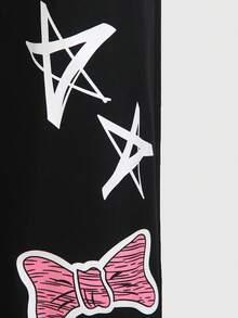 SHEIN Girls' Street-Style Graffiti + Dark Cute Pattern, Cat Doodle, Letter, Star, Bow Print Loose Bib Overall Pants, Niche Design Girls' Black Bib Pants, Suitable For Daily Gatherings, Spring/Summer - Black - View 6