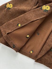 Elenzga 两件套花卉刺绣灯芯绒质感外套和迷你连衣裙套装，优雅通勤装扮 - 棕色 - 查看 3