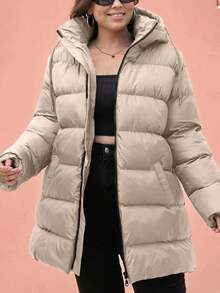 EURMUSE Plus Size Zip Up Drawstring Hooded Padded Coat - Cream - View 5