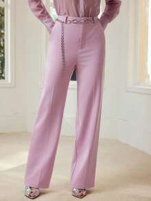MOTF PREMIUM 女士前缝直筒链条腰带西装裤，秋冬款 - 紫羅蘭色 - 查看 4