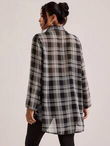 SHEIN VCAY 大码格子休闲长袖衬衫 - 黑與白 - 查看 2