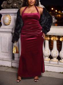 Hourglow Ceceforeign_ Plus Size Elegant Solid Color Backless Halter Neck Dress, For Autumn /Winter, For Hourglass Body Shape - Burgundy - View 8