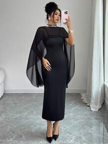 Elenzga 女士春秋新款雪纺披肩领连衣裙，饰以优雅珍珠。 - 黑色 - 查看 1